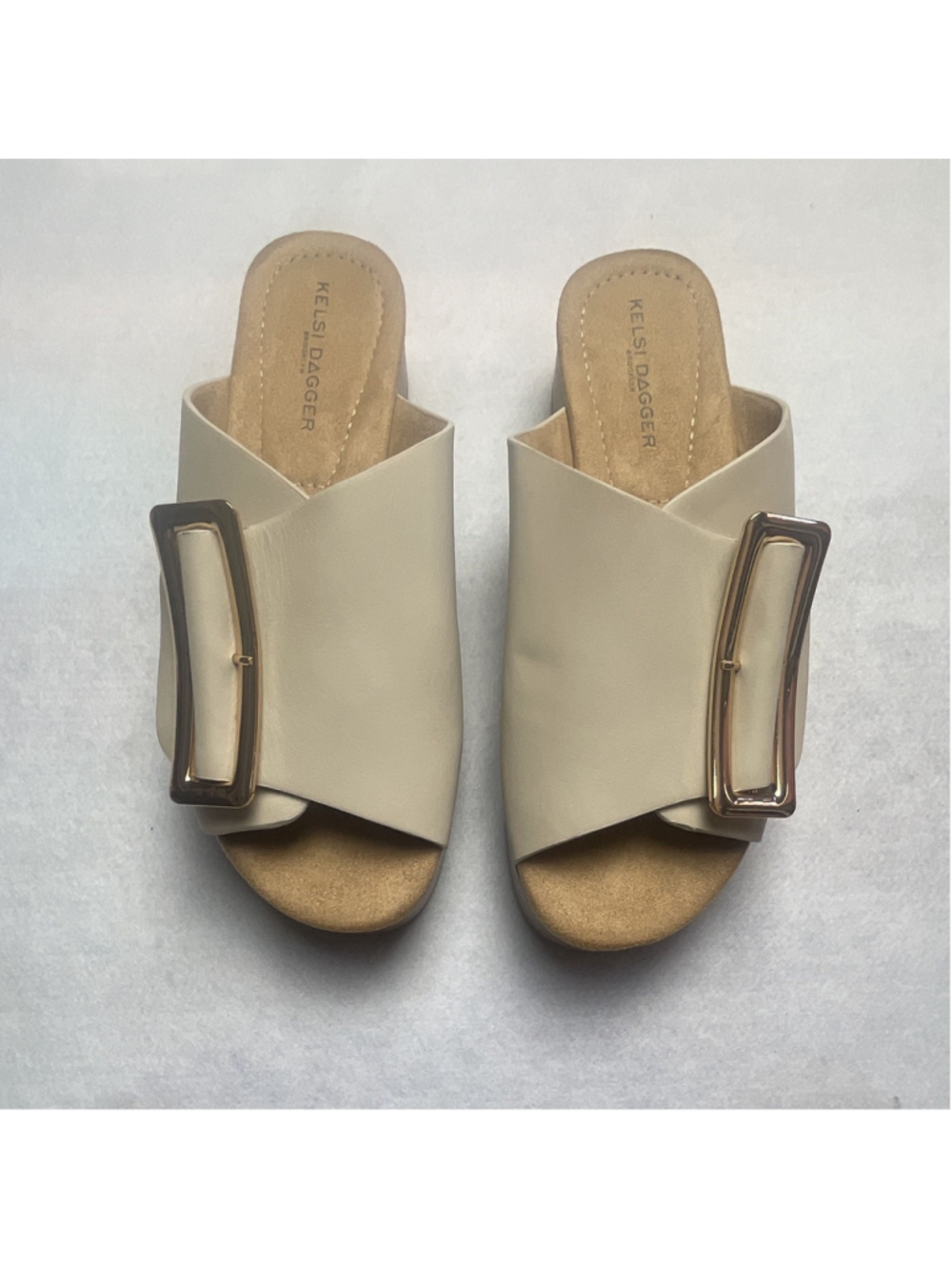 Kelsi Dagger Women’s Beige Leather Slide Wedge Sandals Buckle Slip-On 7.5